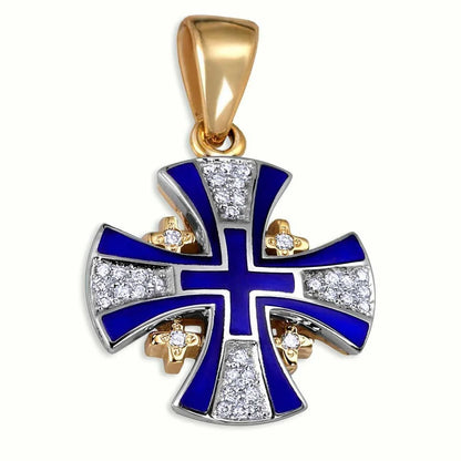 Diamond Cross Necklace 14K Gold with Blue Enamel Jerusalem Cross - bluewhiteshop