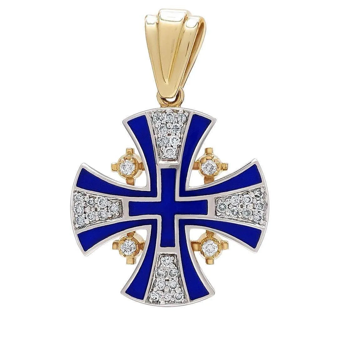 Diamond Cross Necklace 14K Gold with Blue Enamel Jerusalem Cross - bluewhiteshop