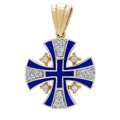 Diamond Cross Necklace 14K Gold with Blue Enamel Jerusalem Cross - bluewhiteshop