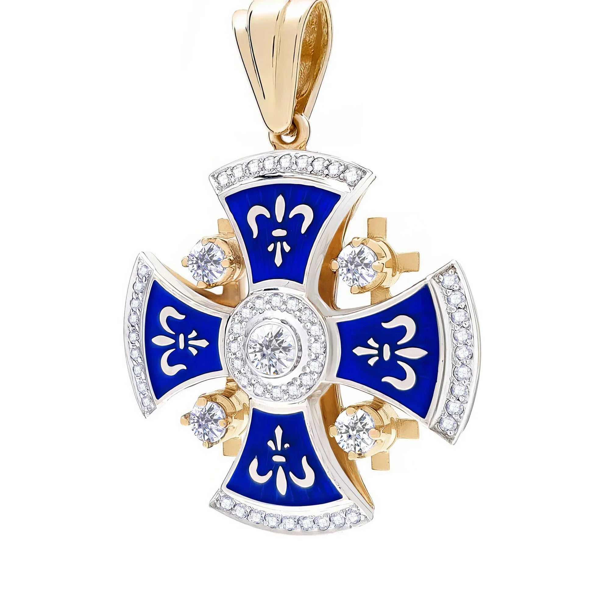Jerusalem Cross 14K White & Yellow Gold 57 Diamonds and Blue Enamel big