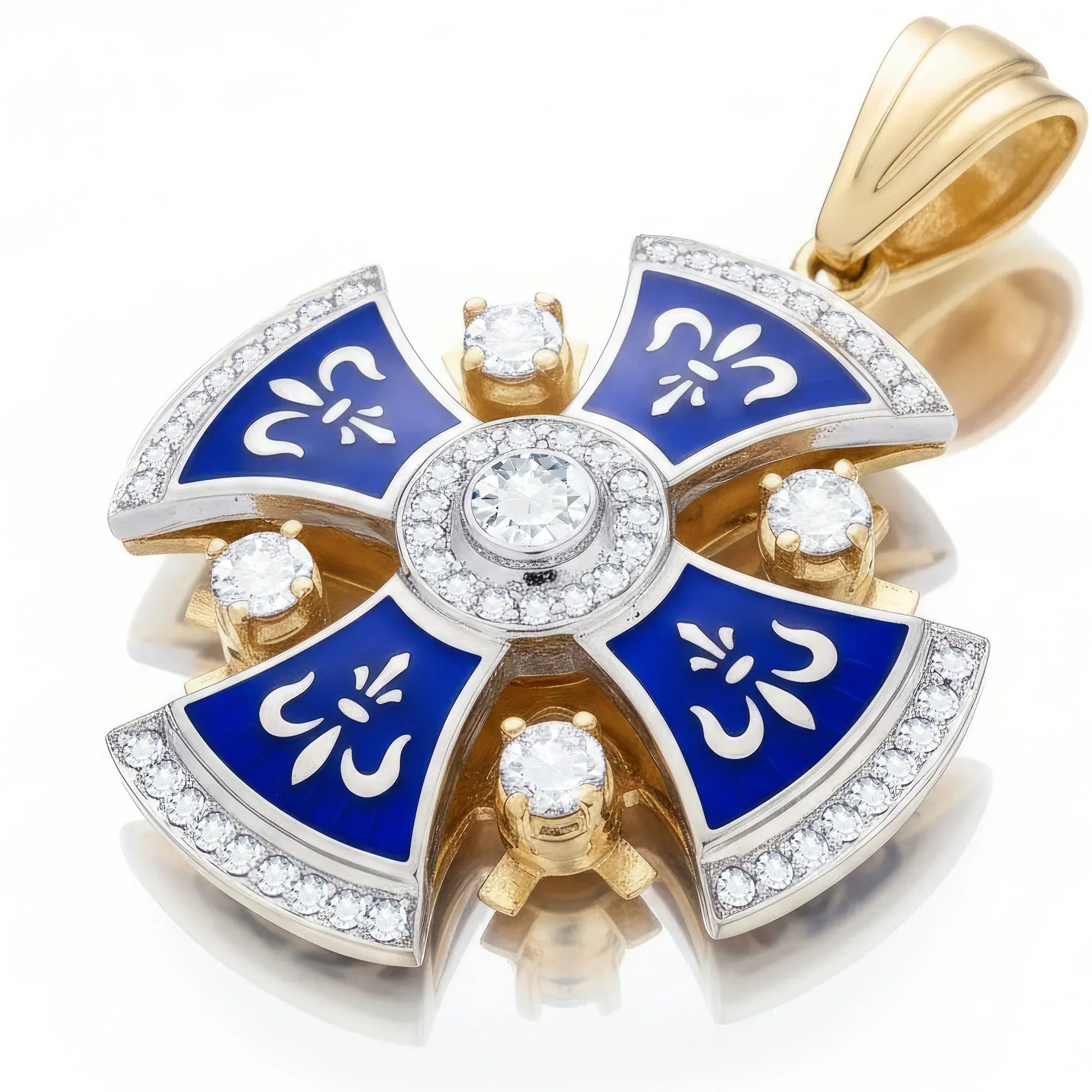 Diamond Jerusalem Cross 14K White & Yellow Gold 57 Diamonds and Blue Enamel big