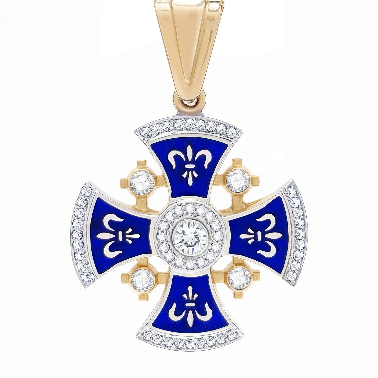 Diamond Jerusalem Cross 14K White & Yellow Gold 53 Diamonds and Blue Enamel medium