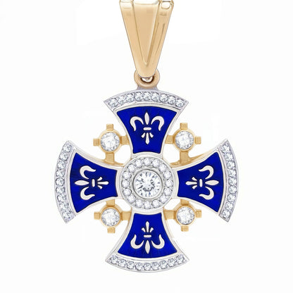 Diamond Jerusalem Cross 14K White & Yellow Gold 53 Diamonds and Blue Enamel medium