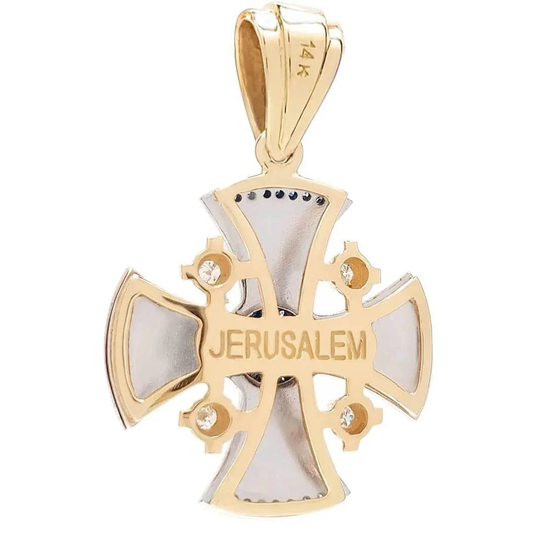 Diamond Jerusalem Cross 14K White & Yellow Gold and Blue Enamel back side