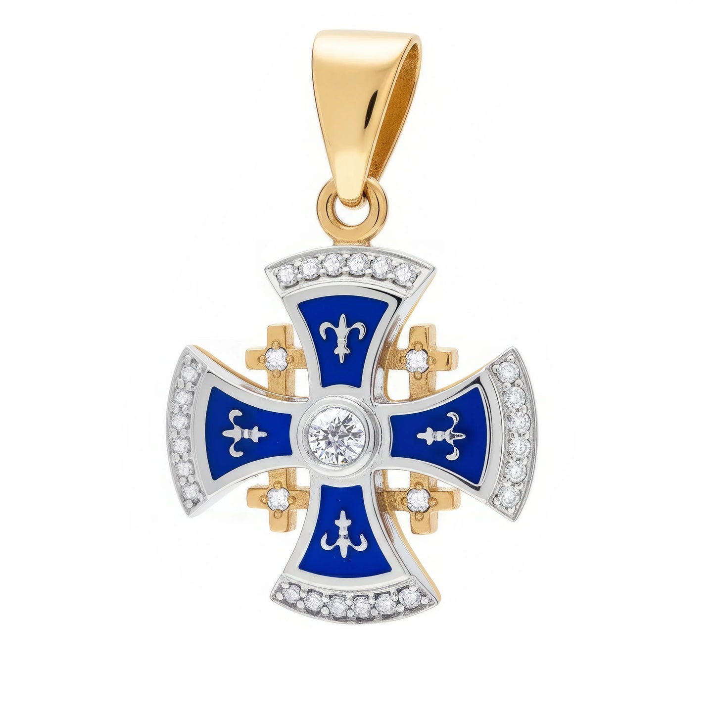 Jerusalem Cross Necklace 14K White & Yellow Gold 29 Diamonds and Blue Enamel small