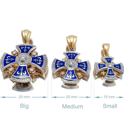 Diamond Jerusalem Cross 14K White & Yellow Gold and Blue Enamel size
