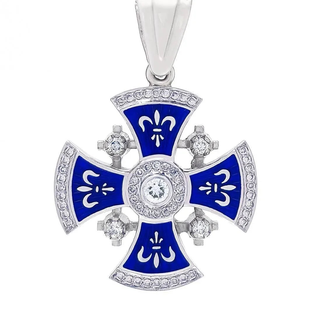 Diamond Jerusalem Cross 14K White Gold Diamonds and Blue Enamel - bluewhiteshop