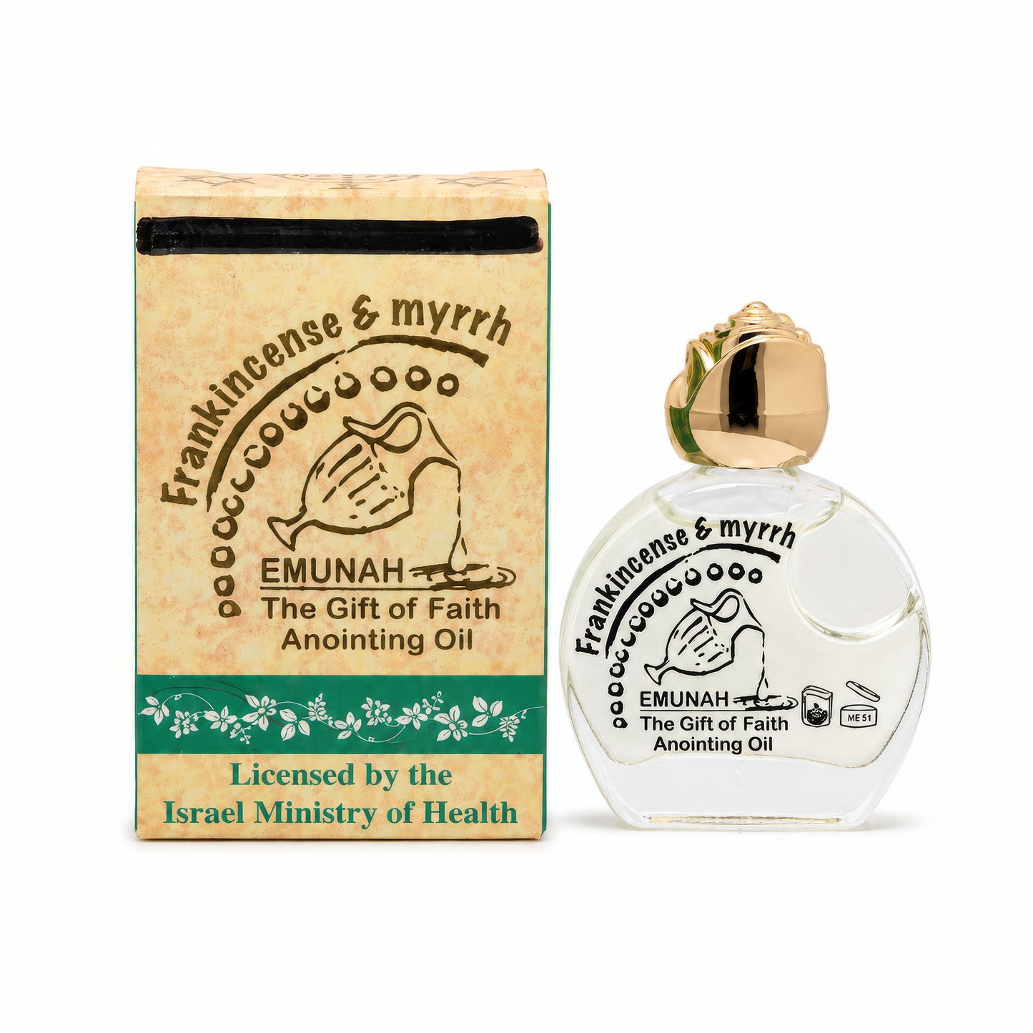 Frankincense and myrrh anointing oil from Jerusalem with decorative glass bottle and gift box