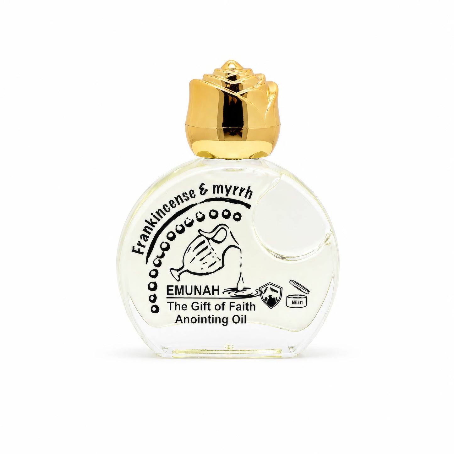 Frankincense and myrrh anointing oil bottle with golden rose-shaped cap