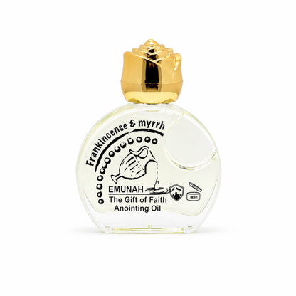 Frankincense and myrrh anointing oil bottle with golden rose-shaped cap