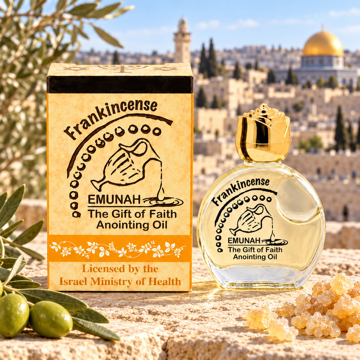 Frankincense anointing oil from Jerusalem with decorative glass bottle and gift box