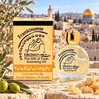 Frankincense anointing oil from Jerusalem with decorative glass bottle and gift box