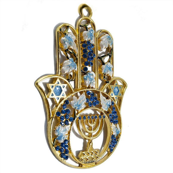 Gold Plated Amulet Hamsa with Blue Stones & Cobalt - bluewhiteshop