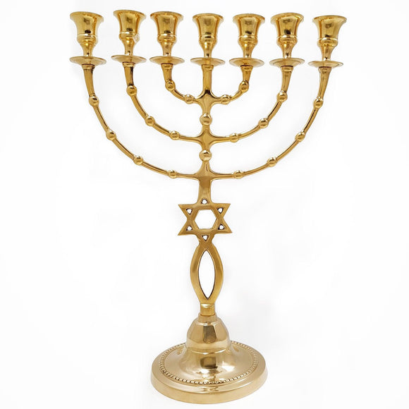 Gold Plated Jewish Candle Holder 7 Branched with Star of David 15,7 inch brass Menorah - bluewhiteshop