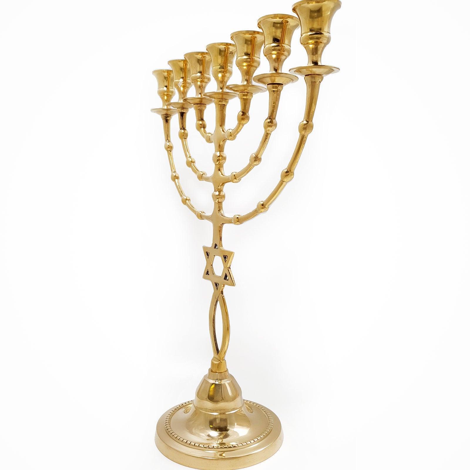 Gold Plated Jewish Candle Holder 7 Branched with Star of David 15,7 inch brass Menorah - bluewhiteshop