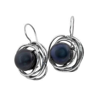 Gorgeous Natural Black Pearl Sterling Silver 925 Earrings Handmade From Israel - bluewhiteshop