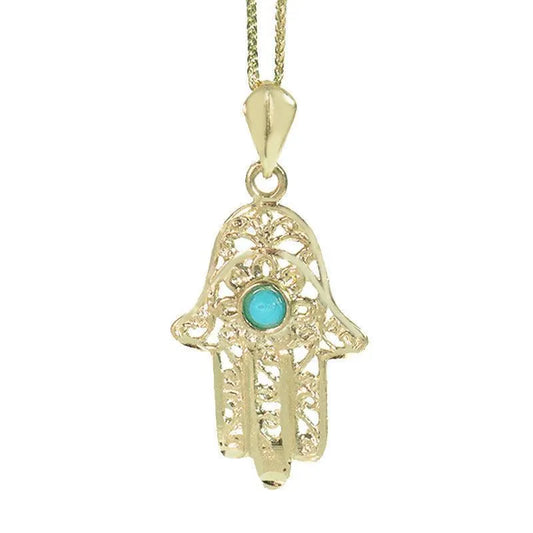 Hamsa Pendant 14K Yellow Gold with Filigree Decorations and a Turquoise Stone - bluewhiteshop