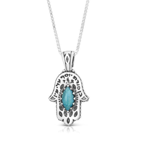 Hamsa Pendant with Against Evil Eye Blessing and Turquoise Stone Silver 925 Jewish Jewelry - bluewhiteshop