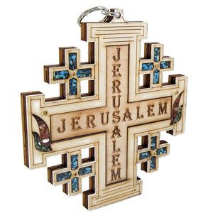 Handmade Jerusalem Cross with Semi-Precious Stones Wall Decor 5.9" - bluewhiteshop