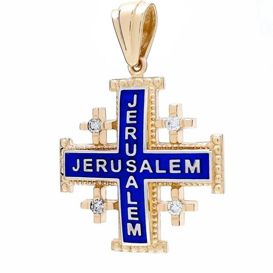 Jerusalem Cross Pendant 14K Yellow & White Gold Diamonds & Blue Enamel - bluewhiteshop