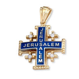 Jerusalem Cross Pendant 14K Yellow & White Gold Diamonds & Blue Enamel - bluewhiteshop