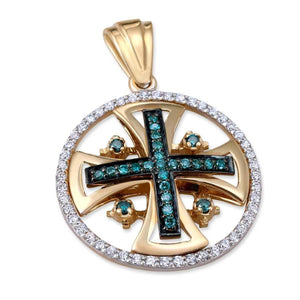 Jerusalem Cross Pendant Gold White & Blue Diamonds Round by Anbinder - bluewhiteshop