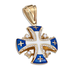 Jerusalem Cross Pendant Gold With 56 Diamonds Blue Enamel by Anbinder - bluewhiteshop