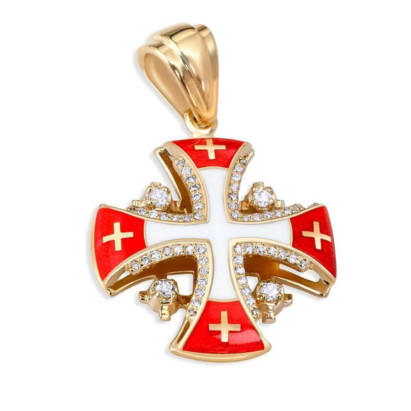 Jerusalem Cross Pendant Gold With 56 Diamonds Red Enamel by Anbinder - bluewhiteshop