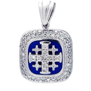 Jerusalem Cross Pendant White Gold with 77 Diamonds and Blue Enamel - bluewhiteshop