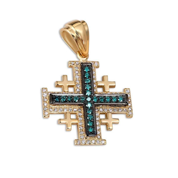 Jerusalem Cross Pendant Yellow & Black Gold Blue Diamonds by Anbinder - bluewhiteshop