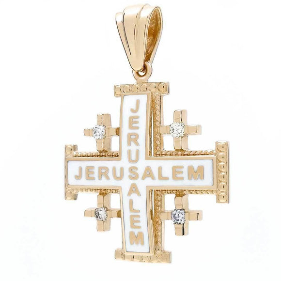 Jerusalem Cross Pendant Yellow Gold 14K With Diamonds and White Enamel - bluewhiteshop