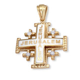 Jerusalem Cross Pendant Yellow Gold 14K With Diamonds and White Enamel - bluewhiteshop