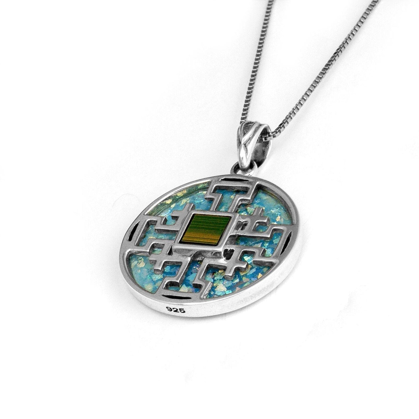 Jerusalem Cross with Nano Bible Pendant Necklace Silver 925 with Roman Glass - bluewhiteshop