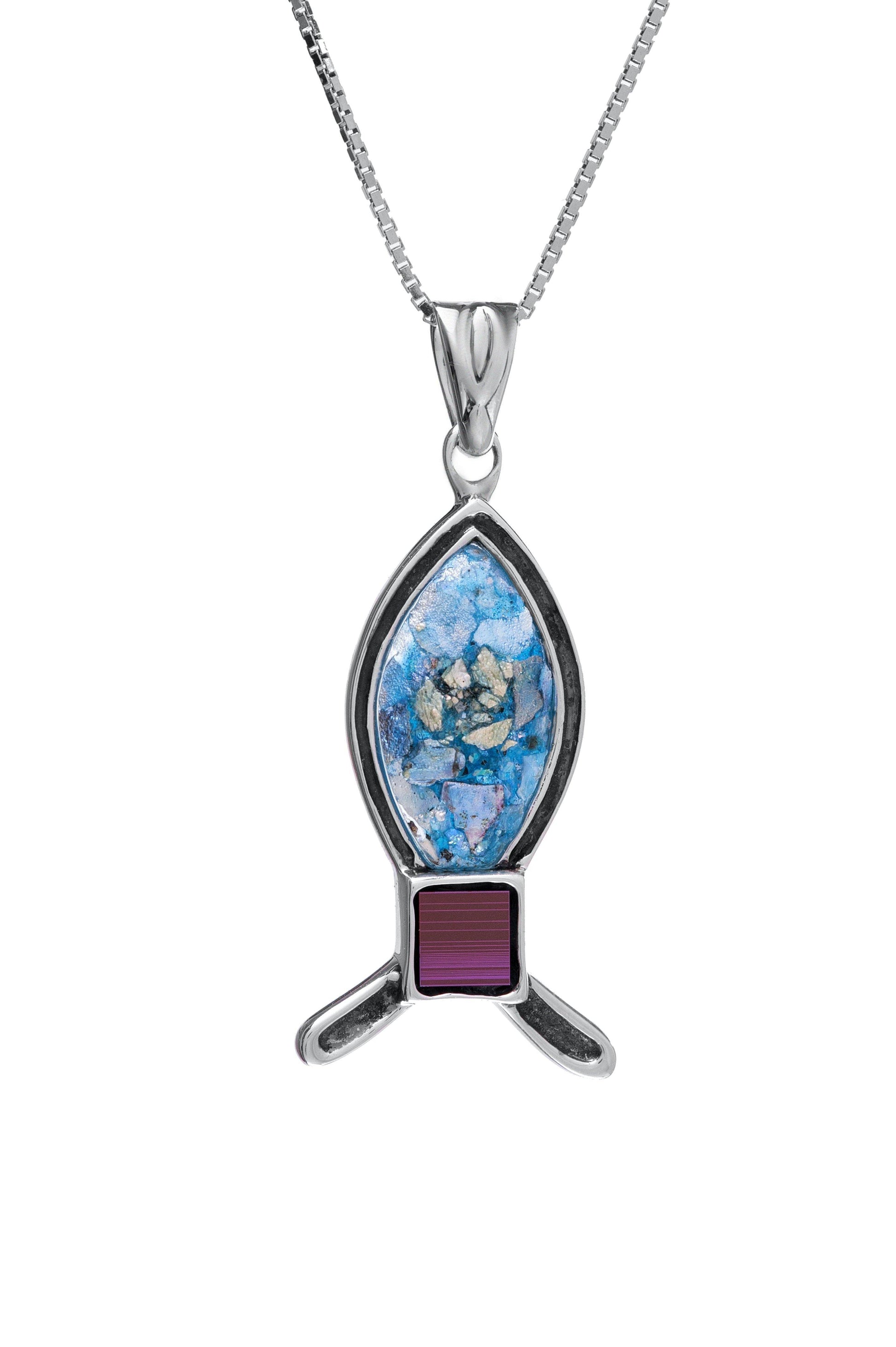 Jerusalem Nano Bible Designed Pendant Fish Necklace Silver 925 with Roman Glass from Holy Land - bluewhiteshop