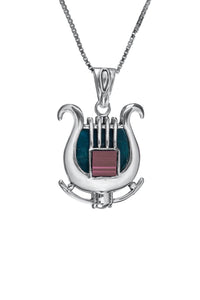 Jerusalem Nano Bible Torah Pendant King David's Harp Eilat Stone Necklace Silver 925 - bluewhiteshop