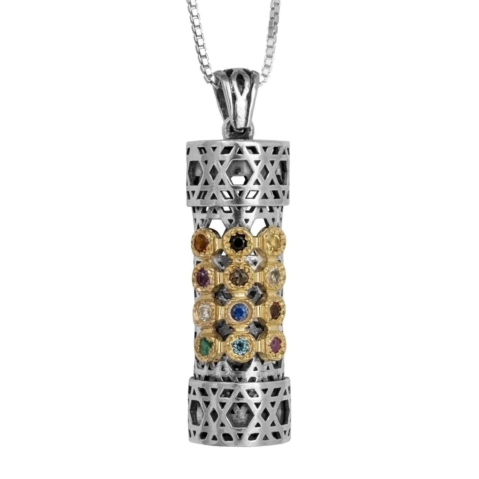 Kabbalah Amulet Mezuzah Hoshen 12 Tribes of Israel Amulet Sterling Silver & Gold 9K - bluewhiteshop