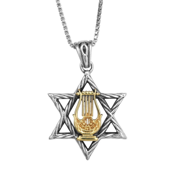 Kabbalah AmuletsPendant Star of David w/ Kinnor David's Harp Sterling Silver & Gold 9K - bluewhiteshop