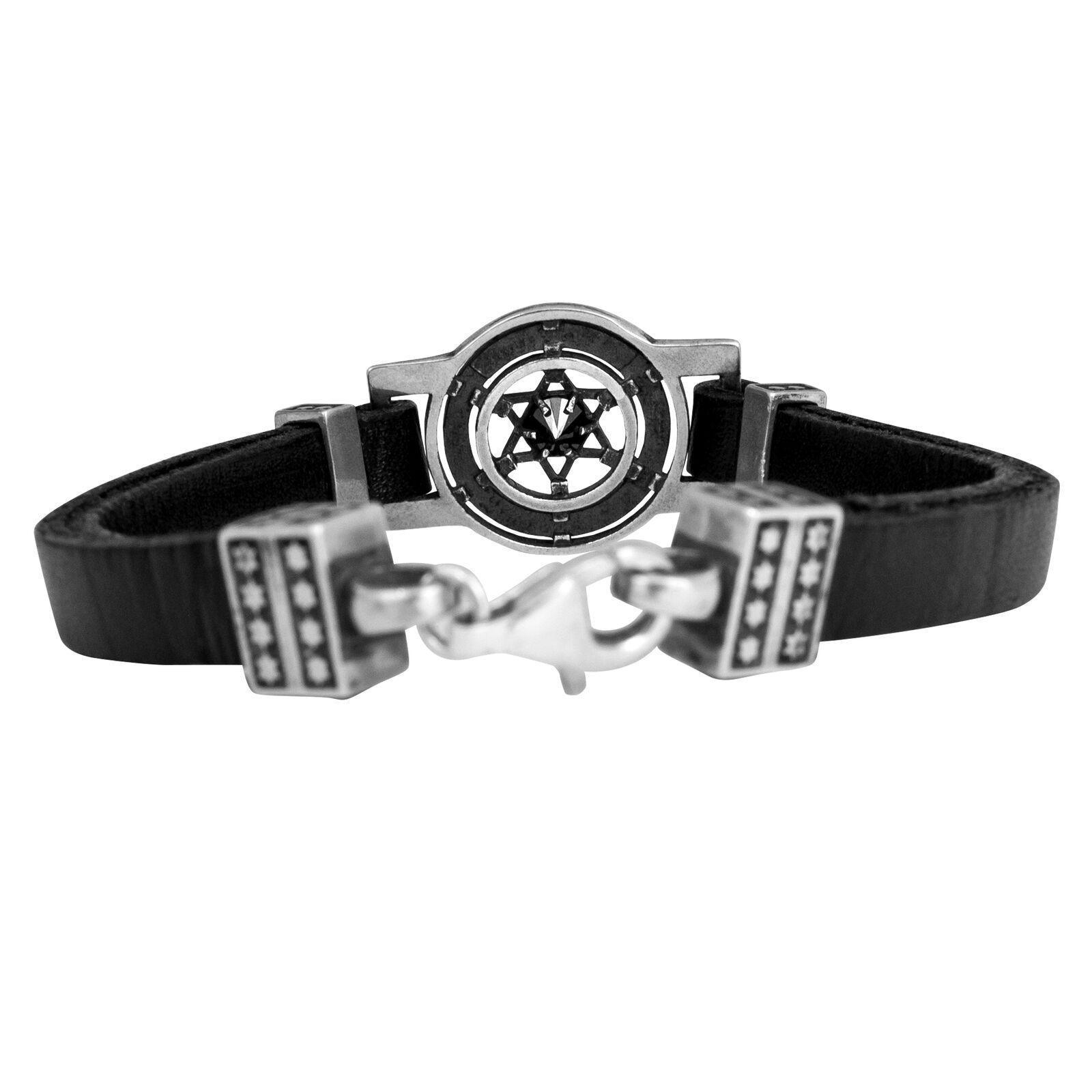Kabbalah Men's Bracelet Ana Bekoach Sterling Silver Genuine Leather & Black Onyx - bluewhiteshop