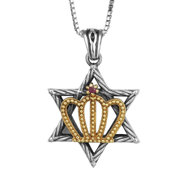 Kabbalah Necklace Star of David & Crown of High Priest CZ Silver Gold - bluewhiteshop