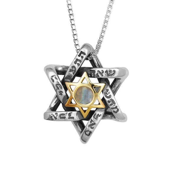 Kabbalah Necklace Star of David with labradorite 9K gold silver - bluewhiteshop