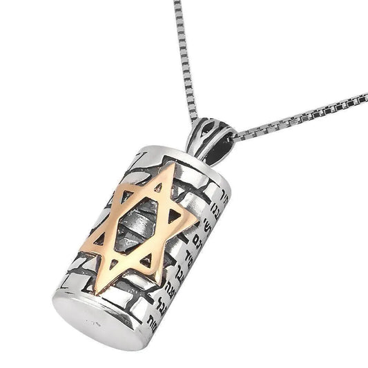Kabbalah Pendant Mezuzah w/Prayer Ana Be-Koah Sterling Silver & Gold 9K - bluewhiteshop