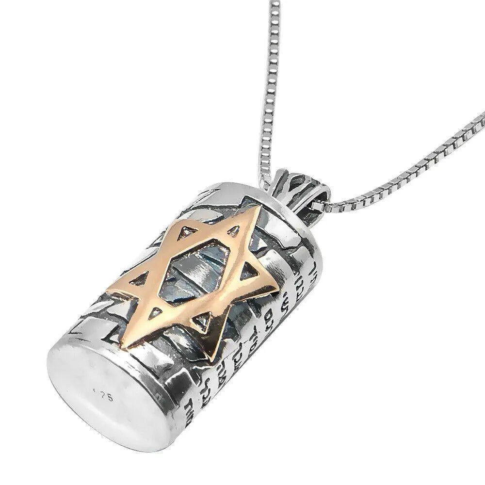 Kabbalah Pendant Mezuzah w/Prayer Ana Be-Koah Sterling Silver & Gold 9K - bluewhiteshop