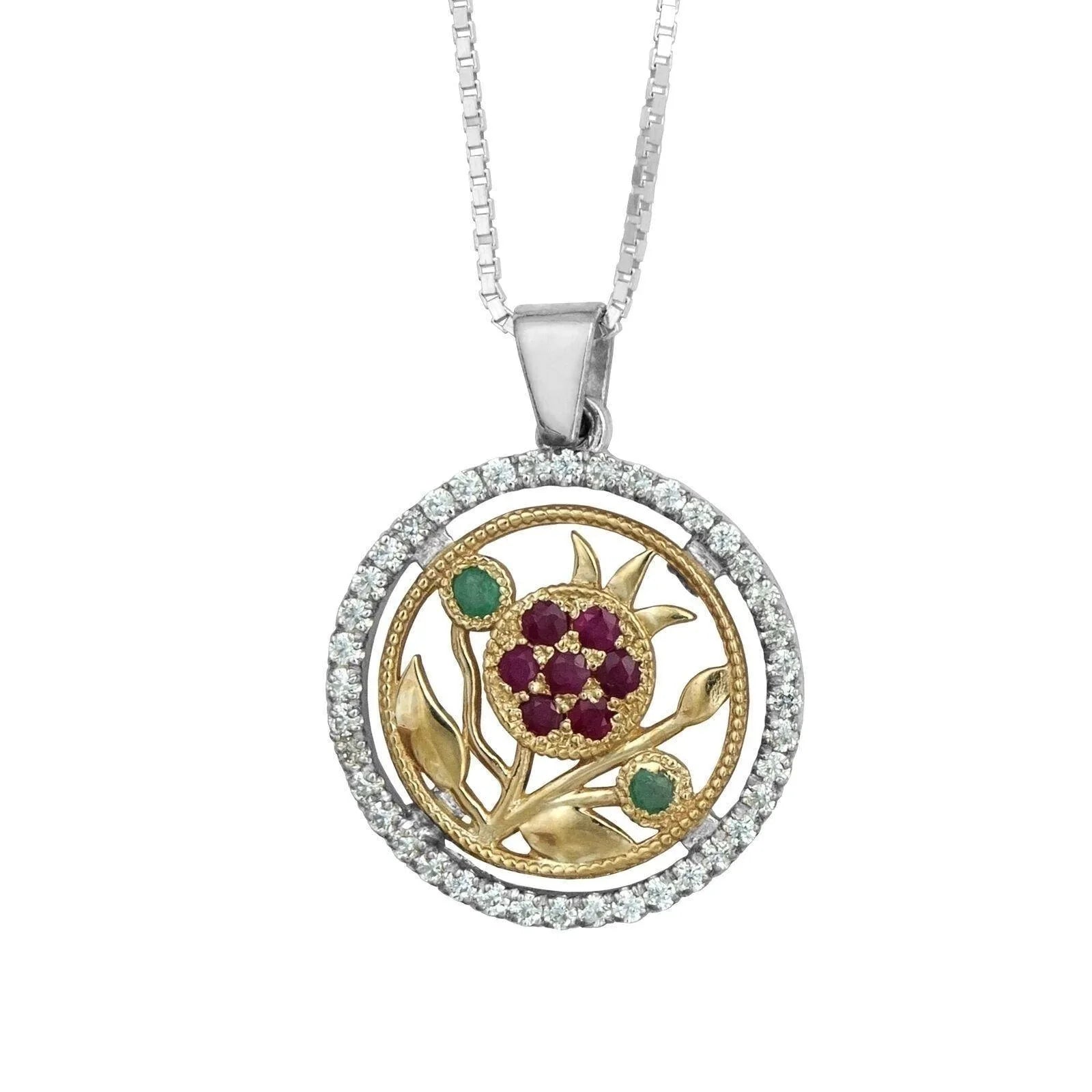 Kabbalah Pendant Pomegranate Crystal CZ Sterling Silver & Gold 9K - bluewhiteshop