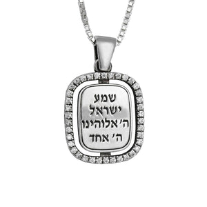 Kabbalah Pendant SHEMA ISRAEL with white crystals from 925 sterling silver - bluewhiteshop