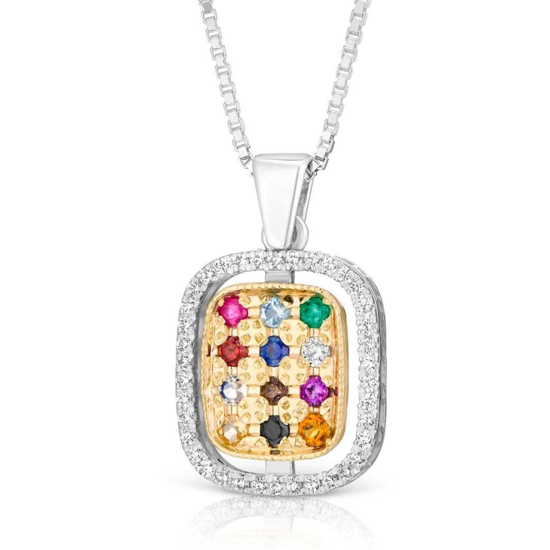 Kabbalah Pendant with Breastplate stones Hoshen Silver 925 Gold 9K and white zircon stones - bluewhiteshop