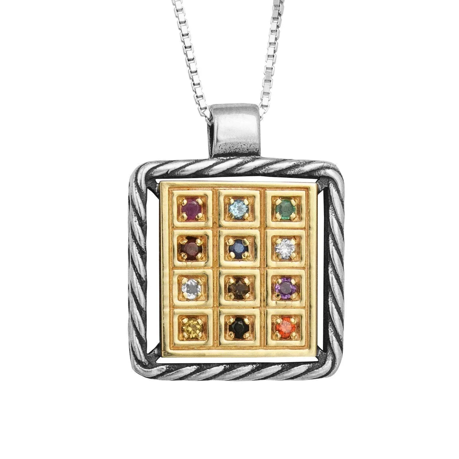 Kabbalah Rectangle Pendant with Breastplate stones Hoshen Silver 925 Gold 9K - bluewhiteshop