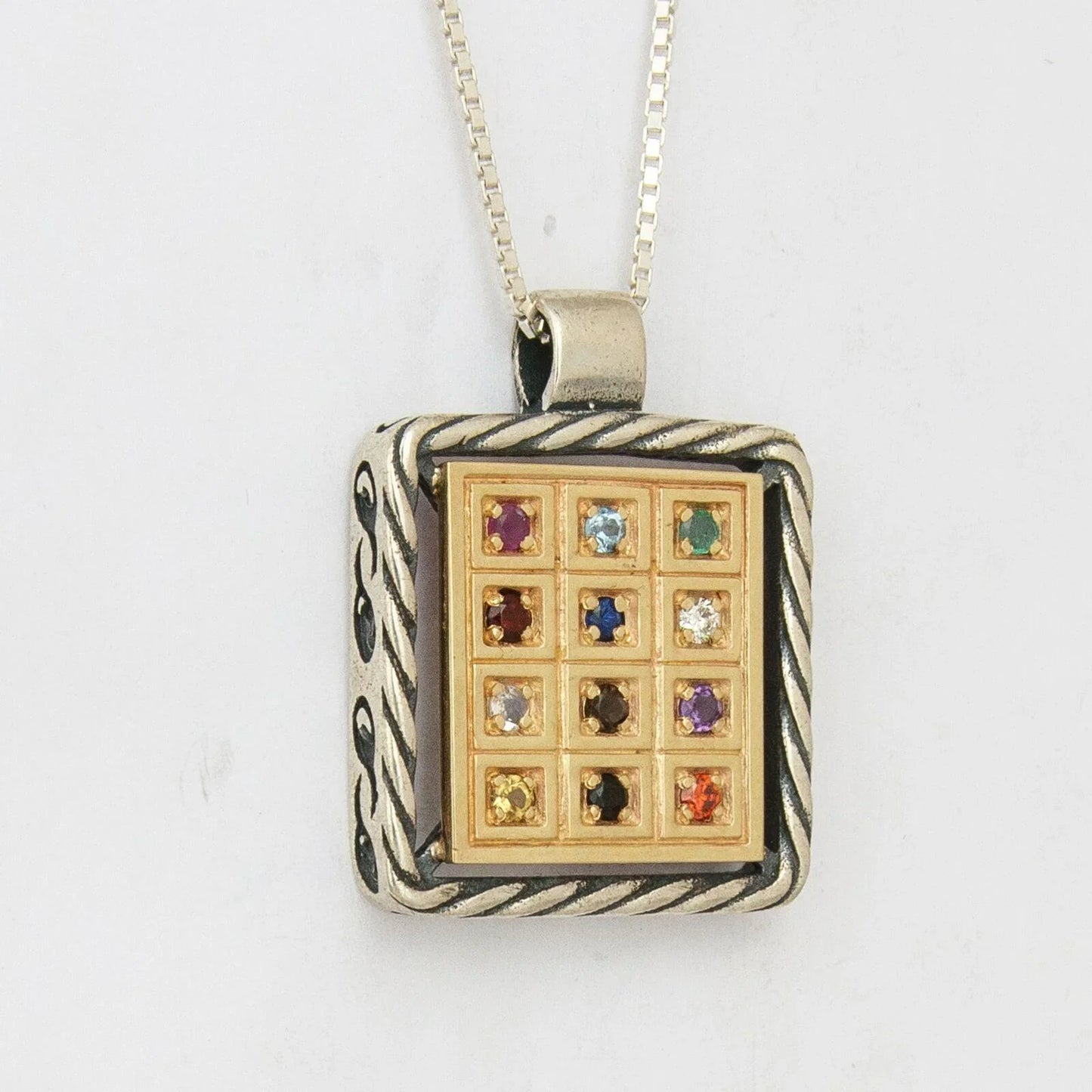Kabbalah Rectangle Pendant with Breastplate stones Hoshen Silver 925 Gold 9K - bluewhiteshop