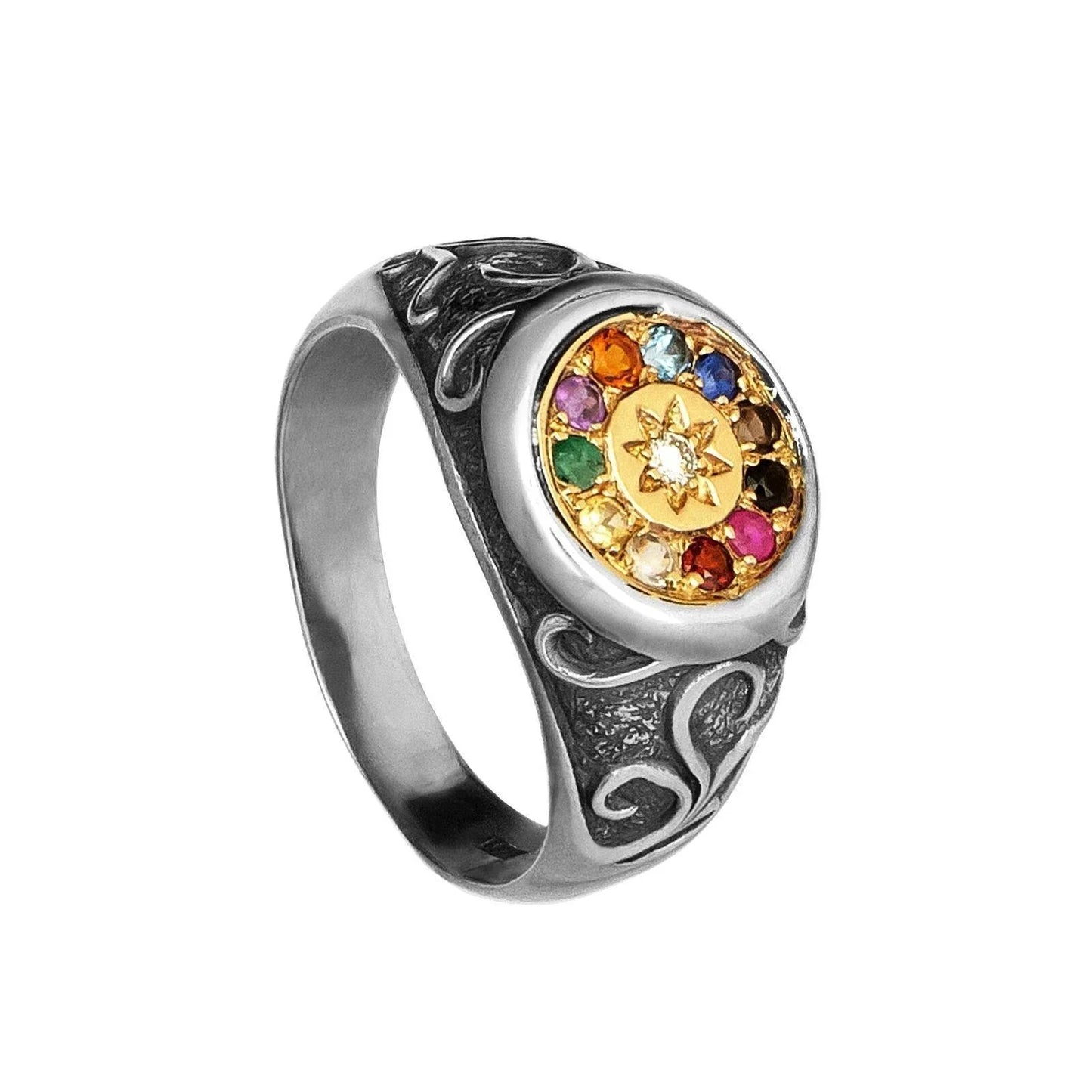 Kabbalah Ring 12 Stones Hoshen Sterling Silver & Gold 9K - bluewhiteshop