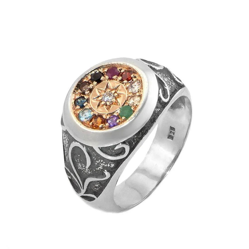 Kabbalah Ring 12 Stones Hoshen Sterling Silver & Gold 9K - bluewhiteshop