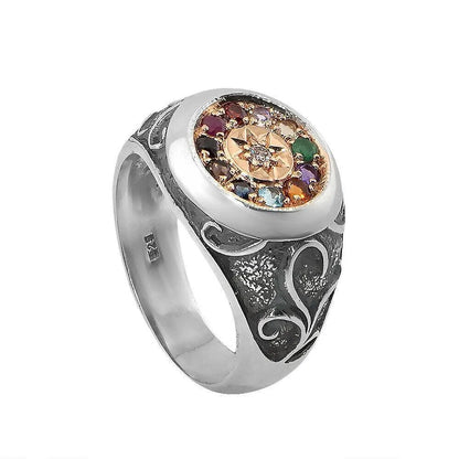 Kabbalah Ring 12 Stones Hoshen Sterling Silver & Gold 9K - bluewhiteshop